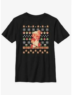 Nintendo Super Mario Retro Jump Christmas Pattern Youth T-Shirt