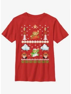 Nintendo Super Mario Retro Adventure Christmas Pattern Youth T-Shirt